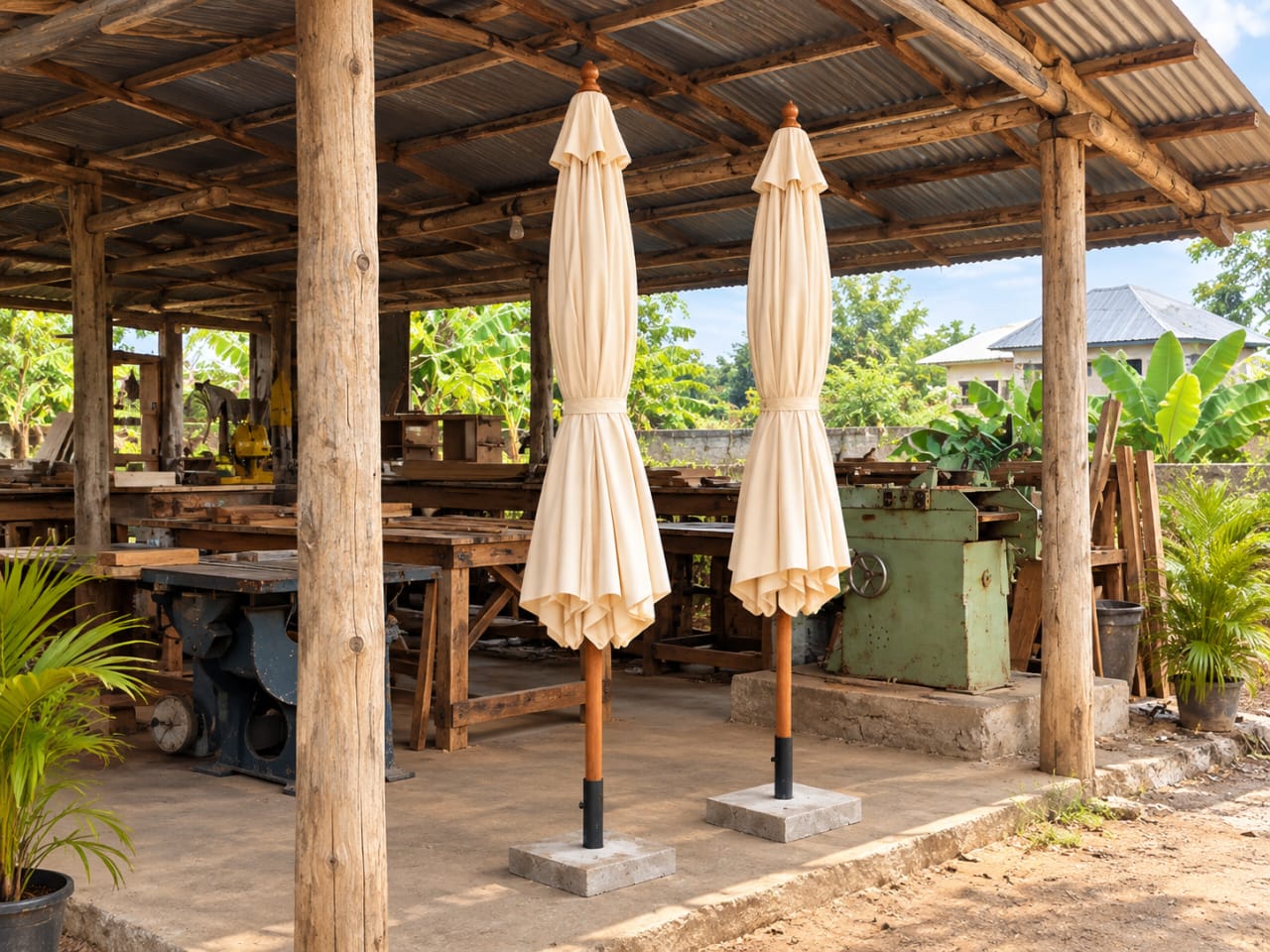 Timber-framed fabric umbrella for a villa poolside area