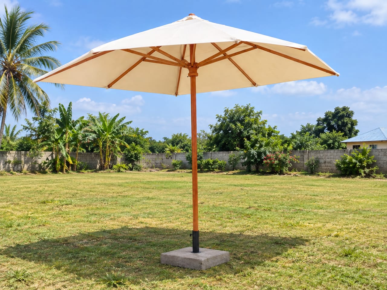 Custom wooden umbrella for outdoor hospitality spaces in Zanzibar