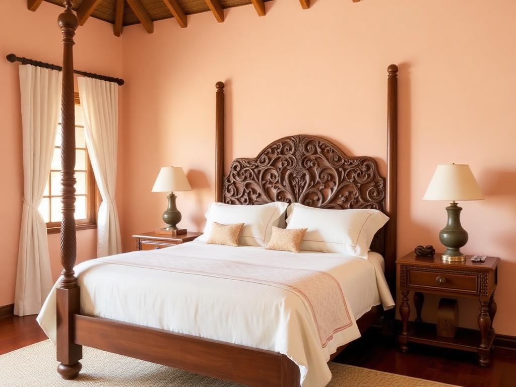Zanzibari villa bedroom with carved hardwood headboard and linen bedding