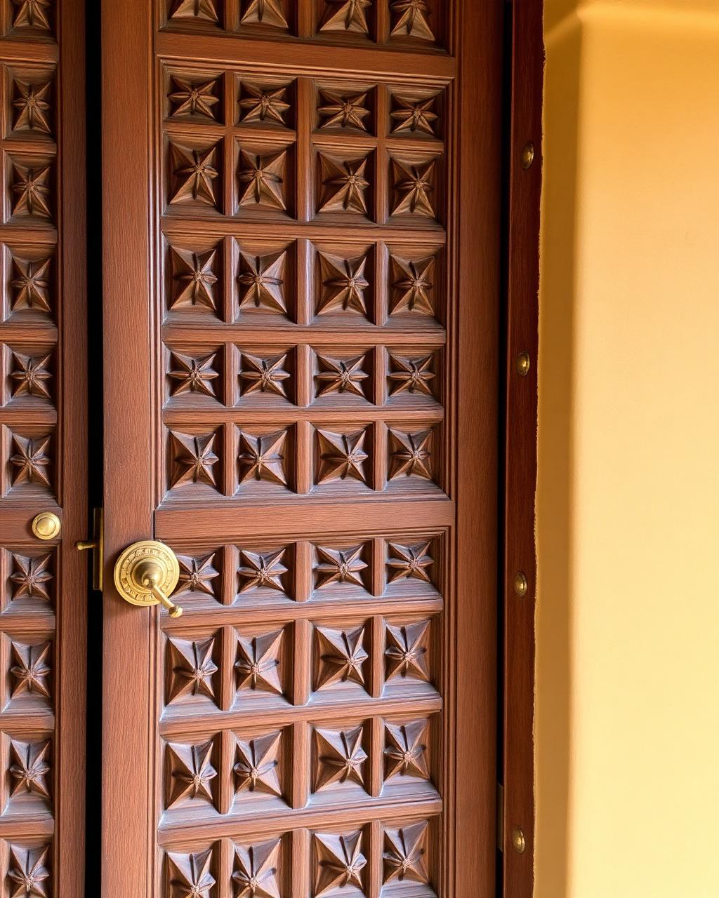Hand carved Zanzibari wooden door with brass studs and Swahili motifs