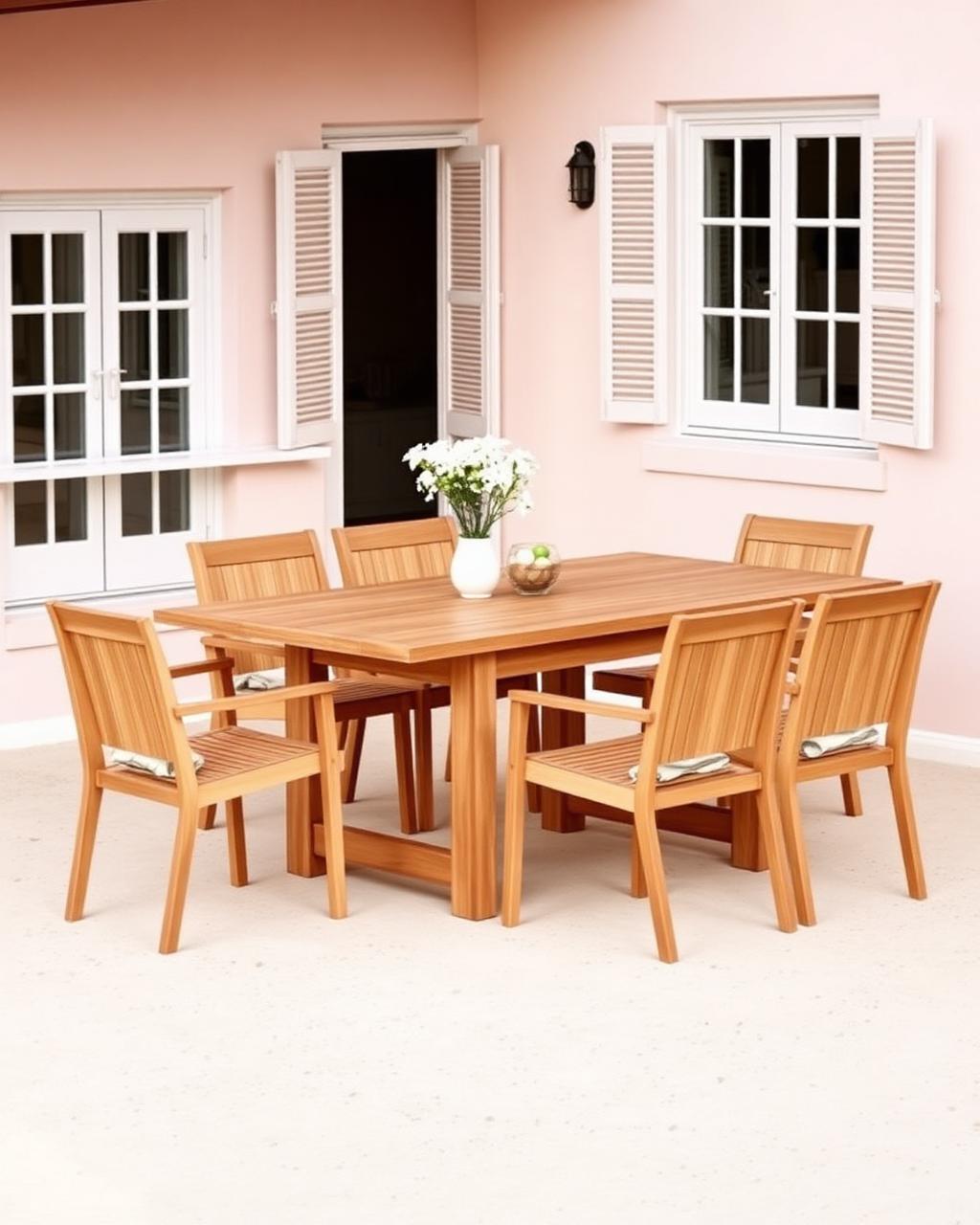 Outdoor teak dining table with chairs on a Zanzibar terrace